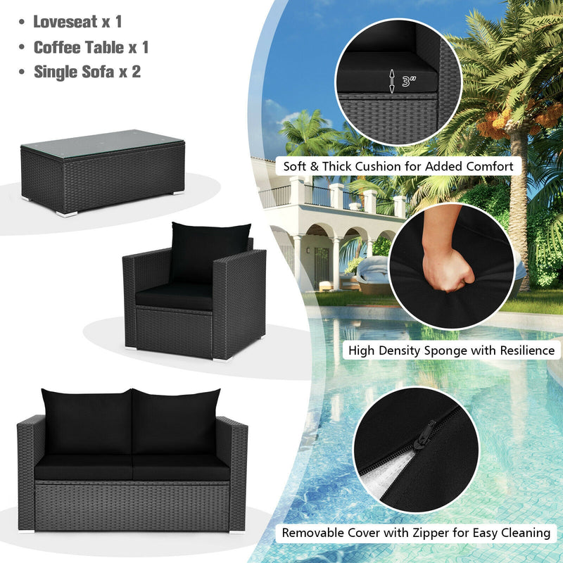 4 Pcs Patio Rattan Cushioned Furniture Set-Dark Black