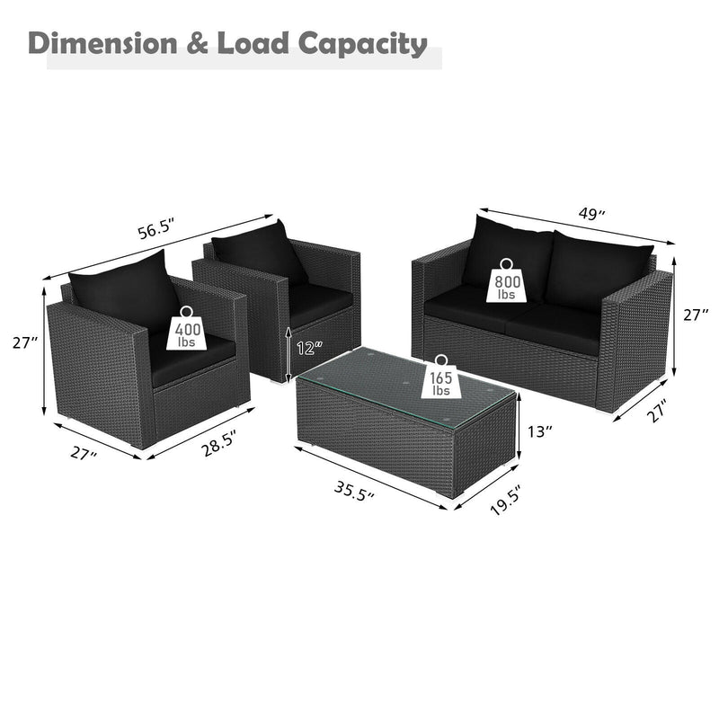 4 Pcs Patio Rattan Cushioned Furniture Set-Dark Black