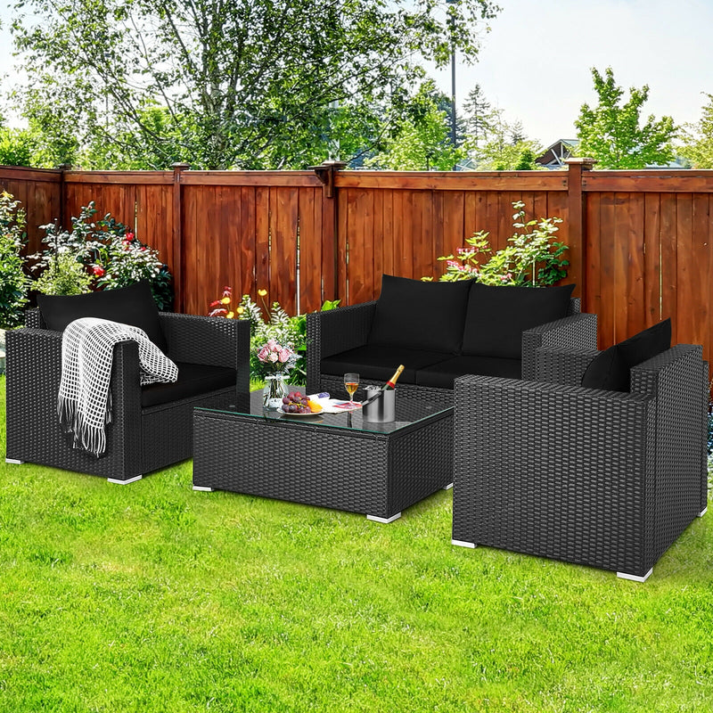 4 Pcs Patio Rattan Cushioned Furniture Set-Dark Black