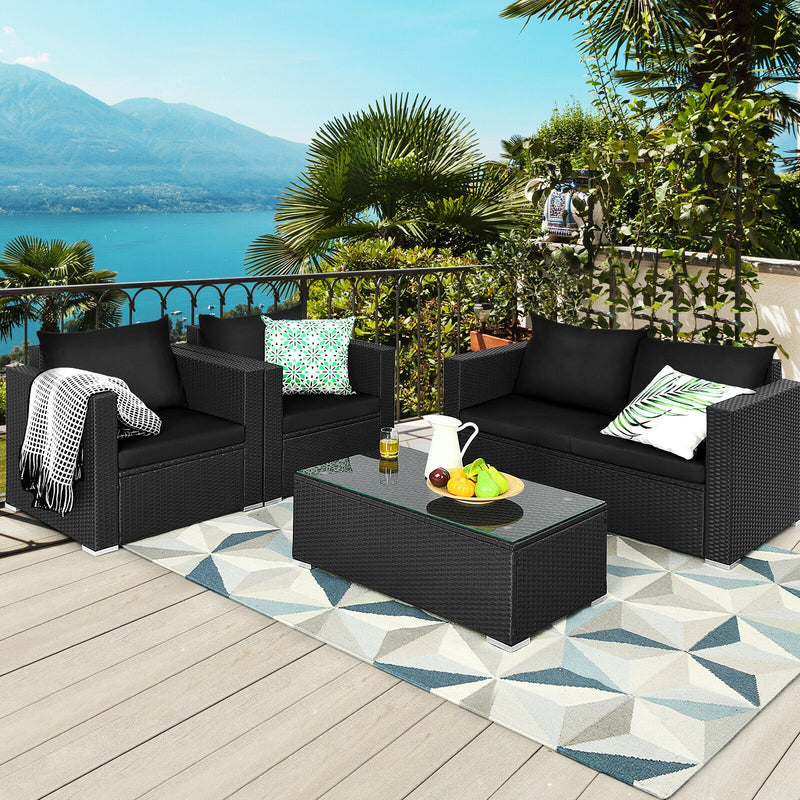 4 Pcs Patio Rattan Cushioned Furniture Set-Dark Black
