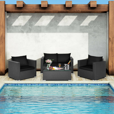 4 Pcs Patio Rattan Cushioned Furniture Set-Dark Black