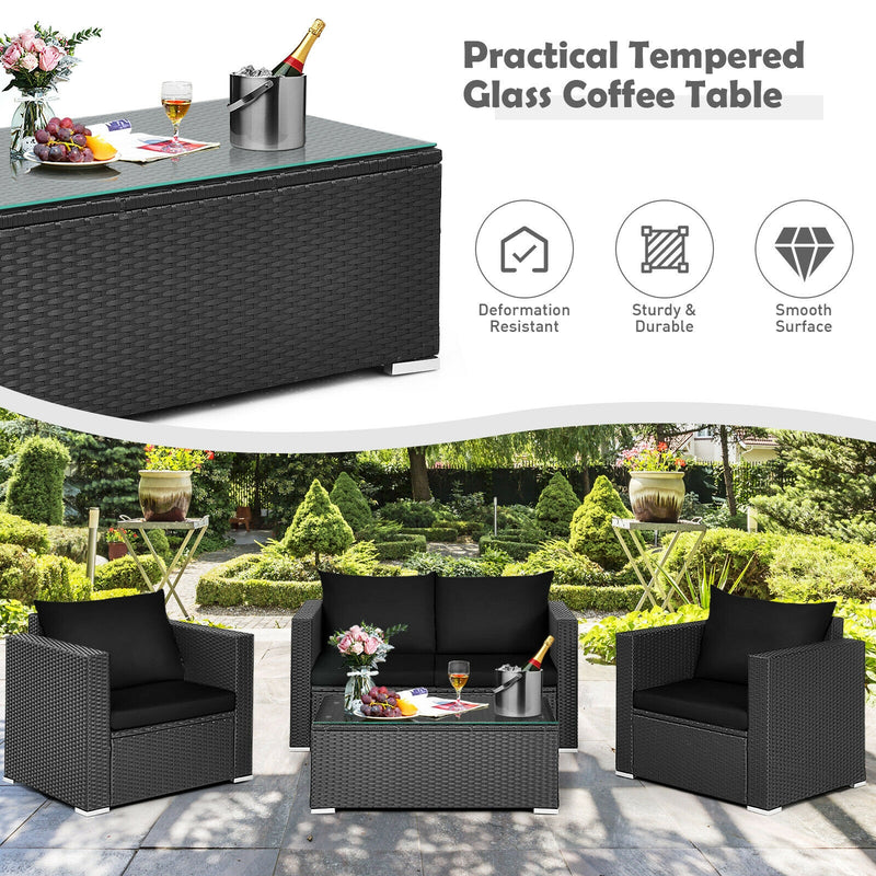 4 Pcs Patio Rattan Cushioned Furniture Set-Dark Black