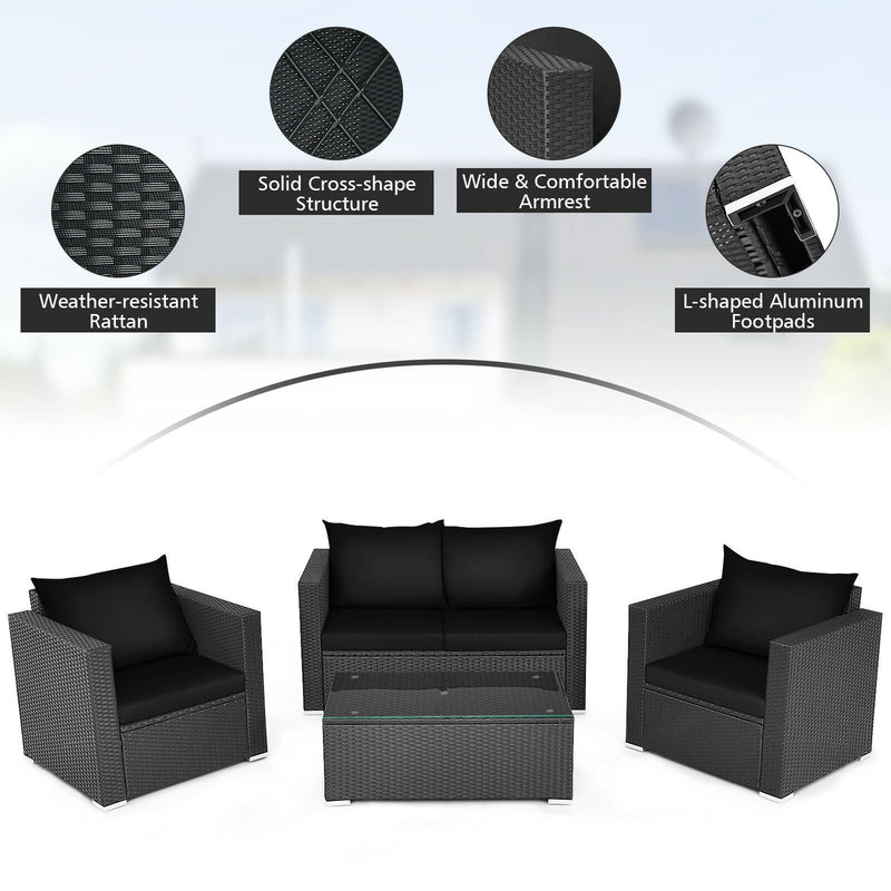 4 Pcs Patio Rattan Cushioned Furniture Set-Dark Black