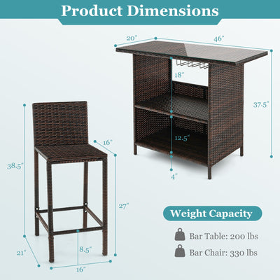 3 Pieces Outdoor Wicker Bar Set with 3 Rows Stemware Racks