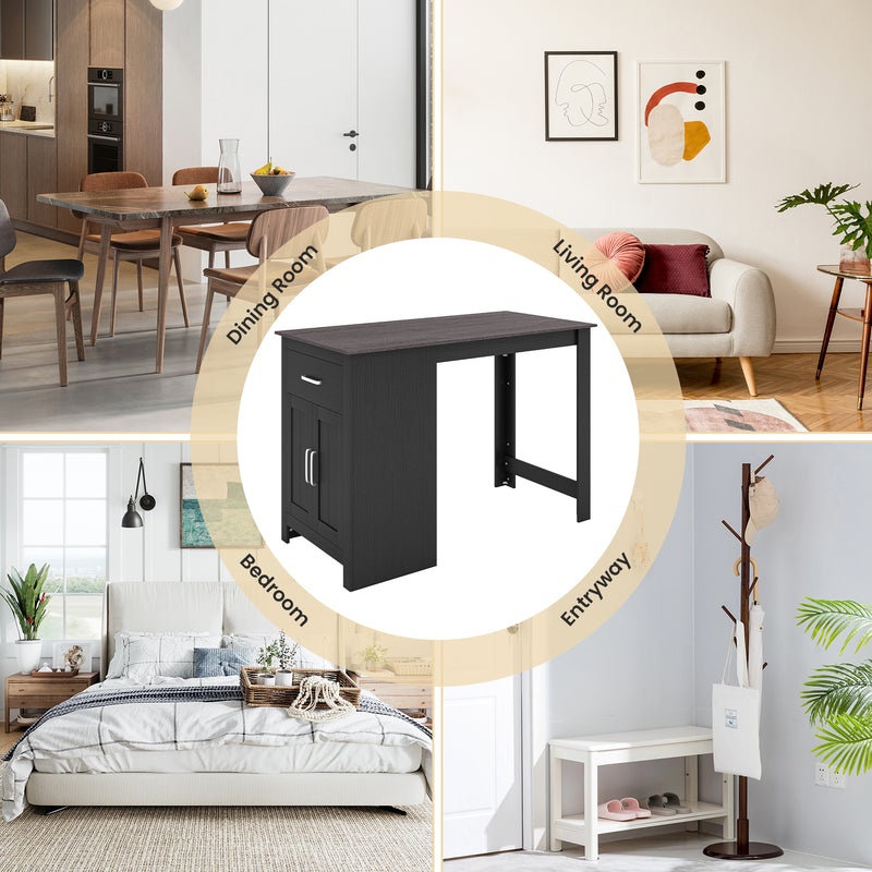 Counter Height Bar Table with Storage Cabinet and Drawer-Black