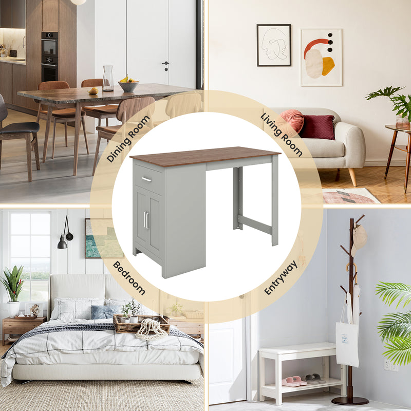 Counter Height Bar Table with Storage Cabinet and Drawer-Gray