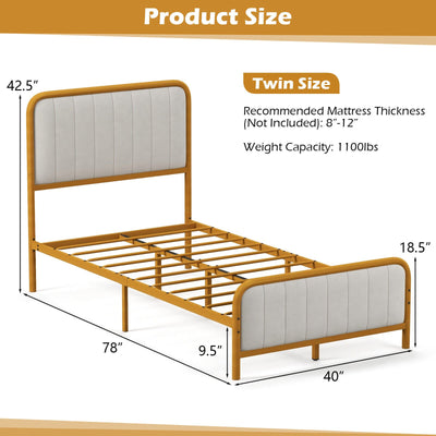 Upholstered Gold Platform Bed Frame with Velvet Headboard-Twin Size