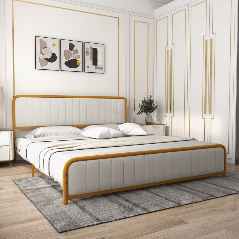 Upholstered Gold Platform Bed Frame with Velvet Headboard King Size