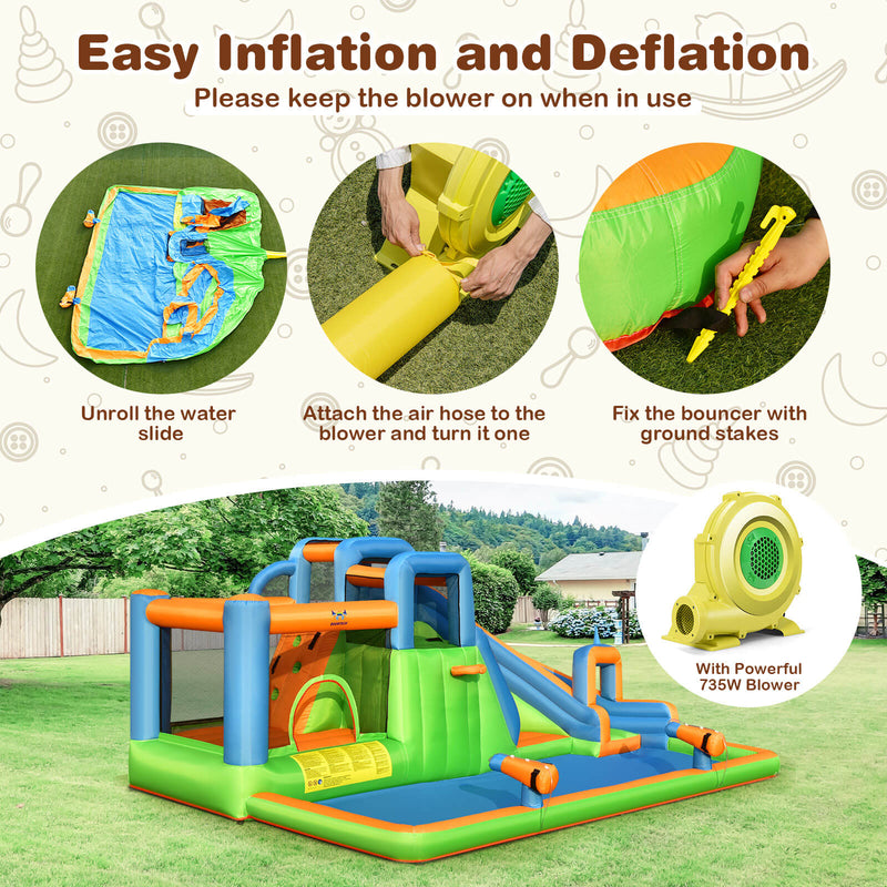 *7-in-1 Inflatable Giant Water Park Bouncer with Dual Climbing Walls and 735W Blower