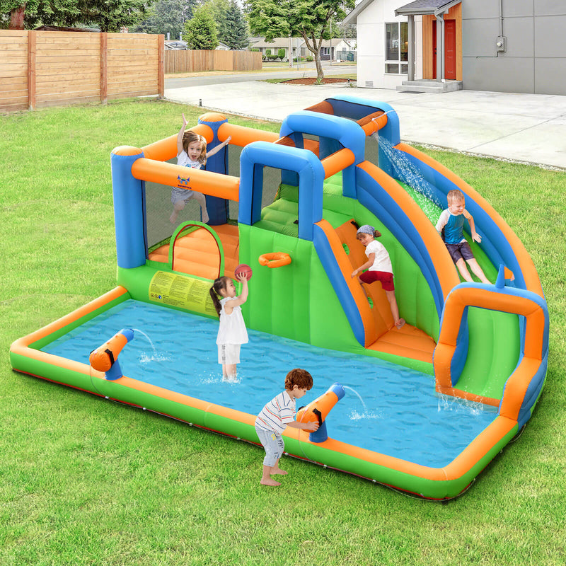 *7-in-1 Inflatable Giant Water Park Bouncer with Dual Climbing Walls and 735W Blower