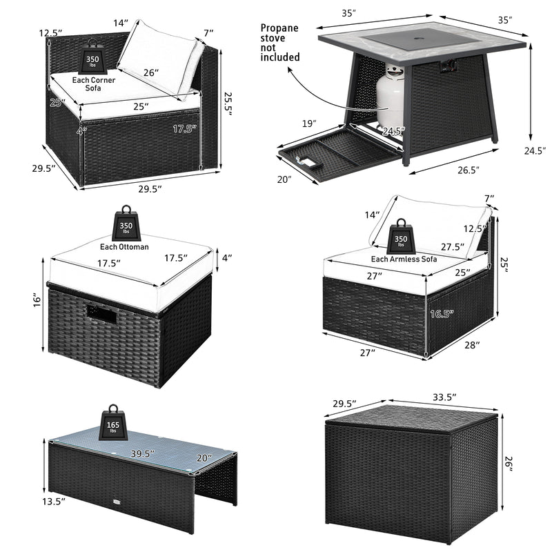 9 Pieces Outdoor Wicker Sectional with 35 Inch Gas Fire Pit Table-Navy