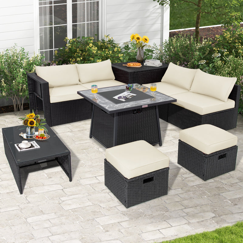 9 Pieces Outdoor Wicker Sectional with 35 Inch Gas Fire Pit Table-Off White