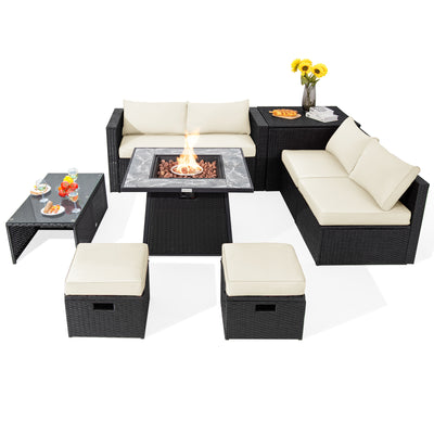 9 Pieces Outdoor Wicker Sectional with 35 Inch Gas Fire Pit Table-Off White