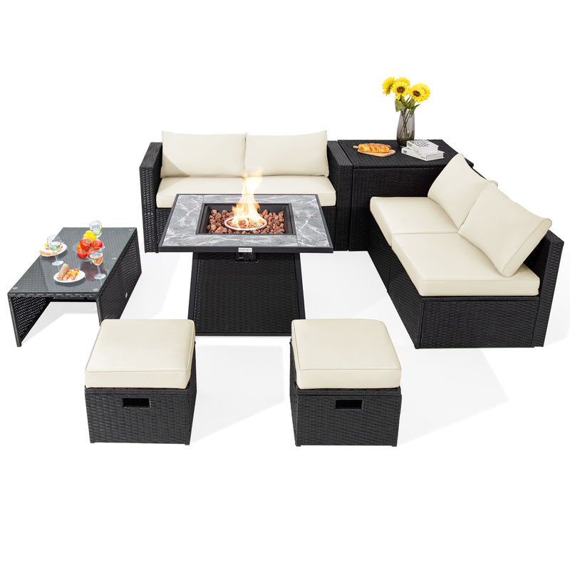 9 Pieces Outdoor Wicker Sectional with 35 Inch Gas Fire Pit Table-Off White