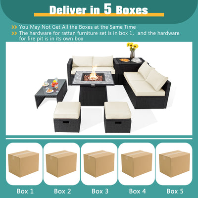 9 Pieces Outdoor Wicker Sectional with 35 Inch Gas Fire Pit Table-Off White