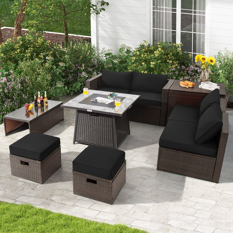 *9 Pieces Patio PE Wicker Sectional Set with 50000 BTU Fire Pit Table - Black