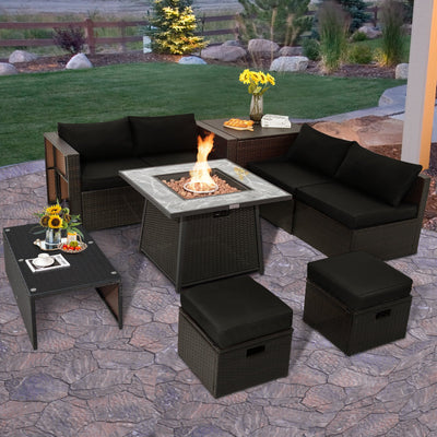 *9 Pieces Patio PE Wicker Sectional Set with 50000 BTU Fire Pit Table - Black