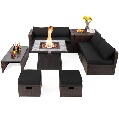 *9 Pieces Patio PE Wicker Sectional Set with 50000 BTU Fire Pit Table - Black