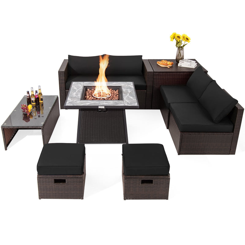 *9 Pieces Patio PE Wicker Sectional Set with 50000 BTU Fire Pit Table - Black