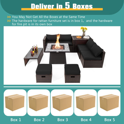 *9 Pieces Patio PE Wicker Sectional Set with 50000 BTU Fire Pit Table - Black