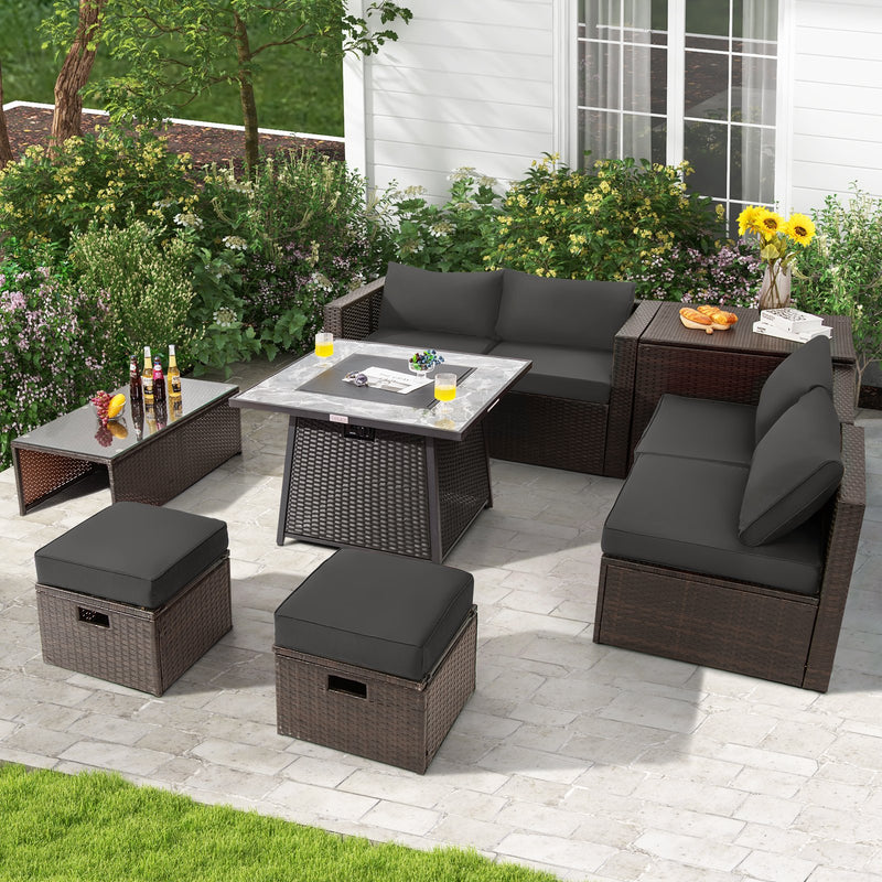 *9 Pieces Patio PE Wicker Sectional Set with 50000 BTU Fire Pit Table - Gray