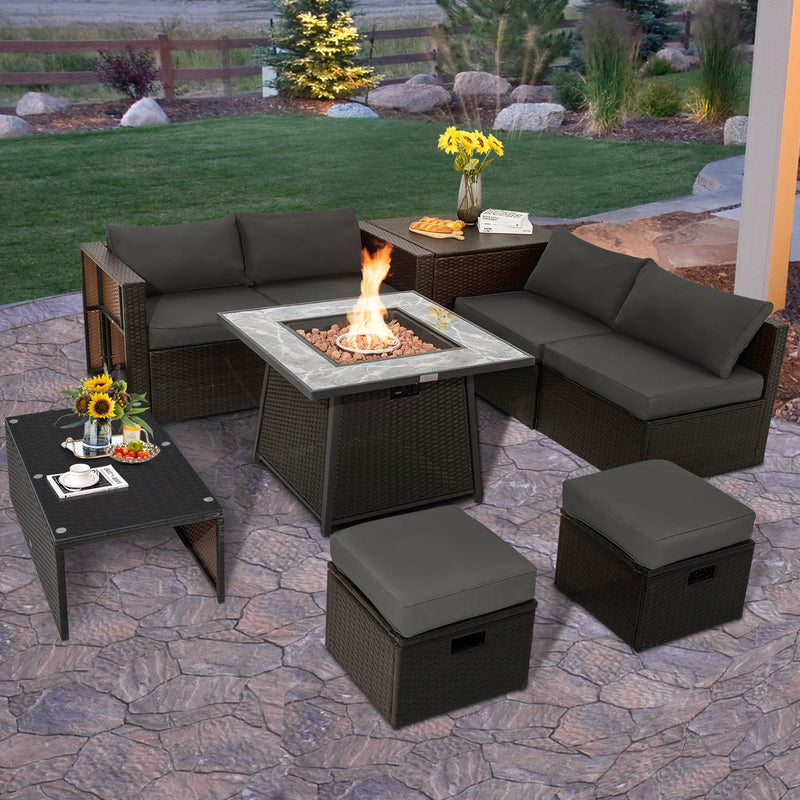 *9 Pieces Patio PE Wicker Sectional Set with 50000 BTU Fire Pit Table - Gray