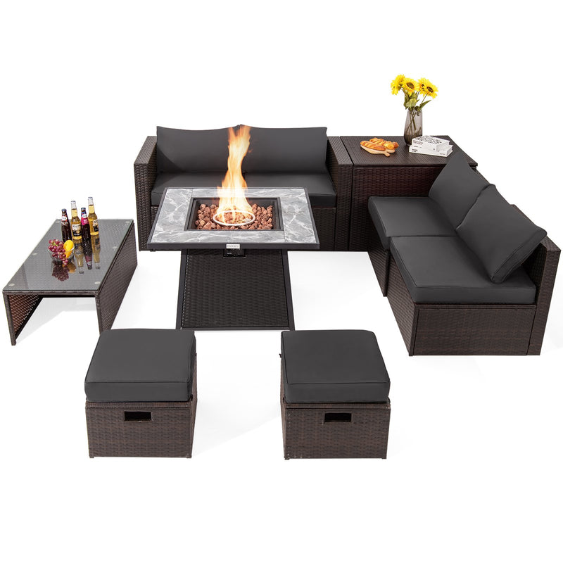 *9 Pieces Patio PE Wicker Sectional Set with 50000 BTU Fire Pit Table - Gray