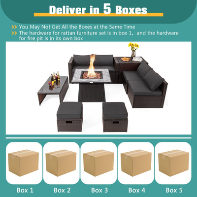 *9 Pieces Patio PE Wicker Sectional Set with 50000 BTU Fire Pit Table - Gray