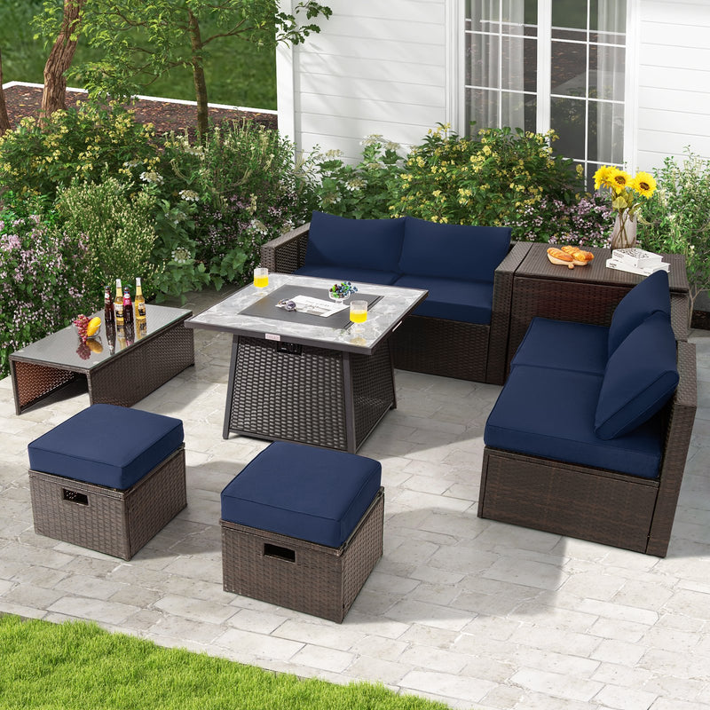 *9 Pieces Patio PE Wicker Sectional Set with 50000 BTU Fire Pit Table - Navy