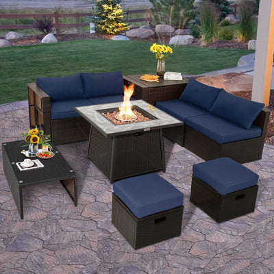 *9 Pieces Patio PE Wicker Sectional Set with 50000 BTU Fire Pit Table - Navy