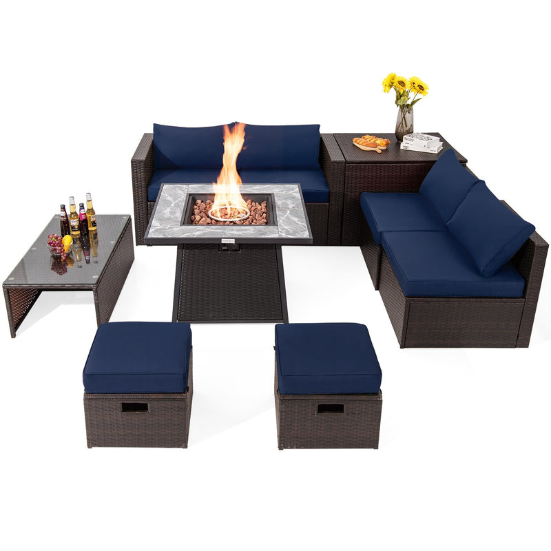 *9 Pieces Patio PE Wicker Sectional Set with 50000 BTU Fire Pit Table - Navy