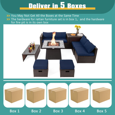 *9 Pieces Patio PE Wicker Sectional Set with 50000 BTU Fire Pit Table - Navy
