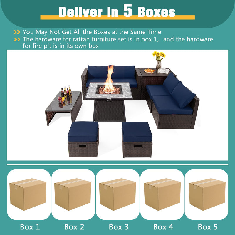 *9 Pieces Patio PE Wicker Sectional Set with 50000 BTU Fire Pit Table - Navy