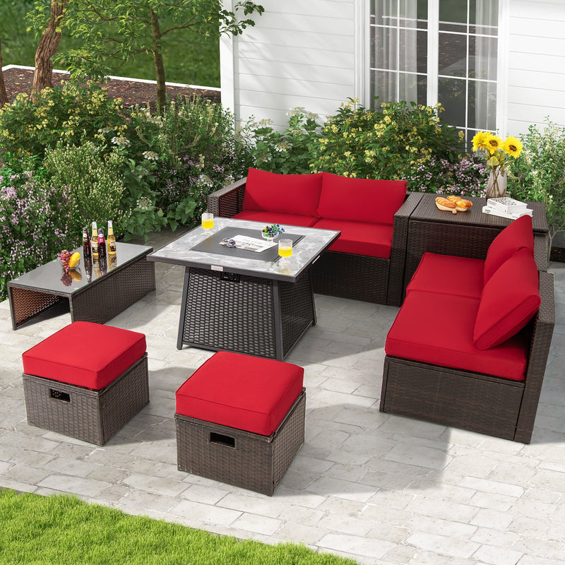 *9 Pieces Patio PE Wicker Sectional Set with 50000 BTU Fire Pit Table - Red
