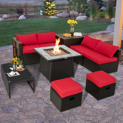 *9 Pieces Patio PE Wicker Sectional Set with 50000 BTU Fire Pit Table - Red