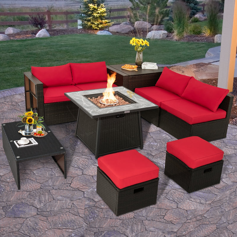 *9 Pieces Patio PE Wicker Sectional Set with 50000 BTU Fire Pit Table - Red