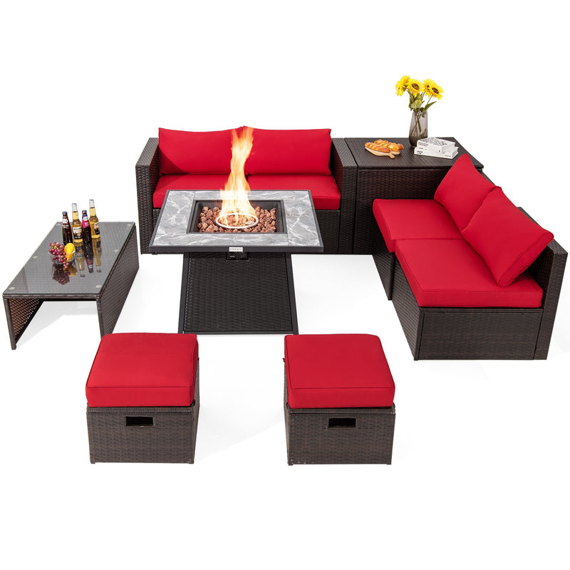 *9 Pieces Patio PE Wicker Sectional Set with 50000 BTU Fire Pit Table - Red