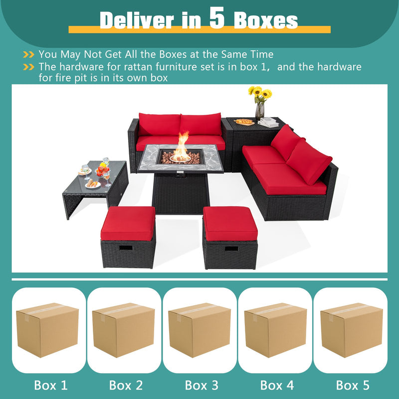 *9 Pieces Patio PE Wicker Sectional Set with 50000 BTU Fire Pit Table - Red