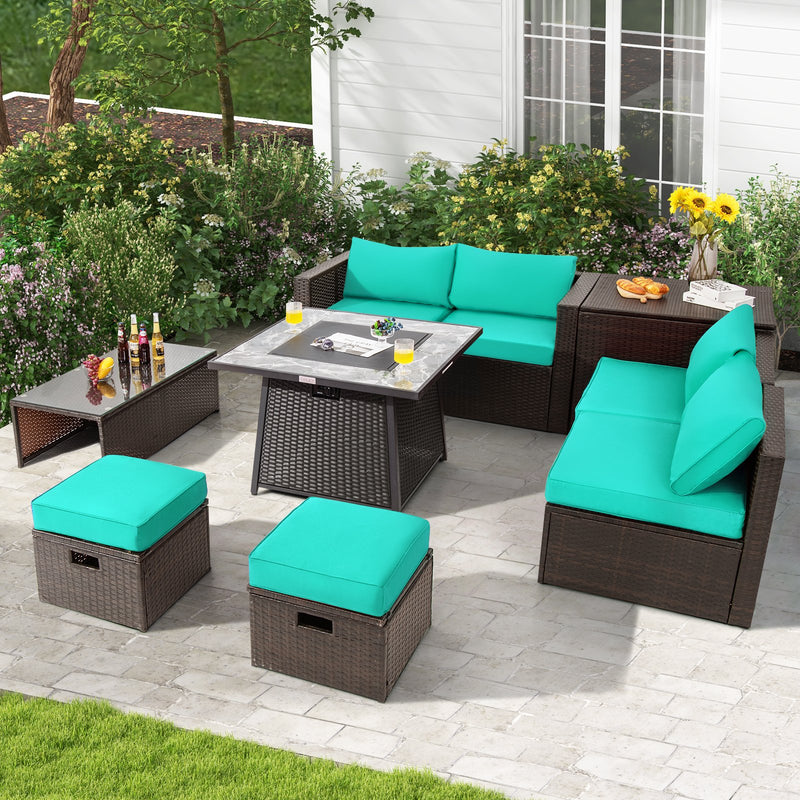 *9 Pieces Patio PE Wicker Sectional Set with 50000 BTU Fire Pit Table - Turquoise