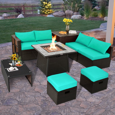 *9 Pieces Patio PE Wicker Sectional Set with 50000 BTU Fire Pit Table - Turquoise