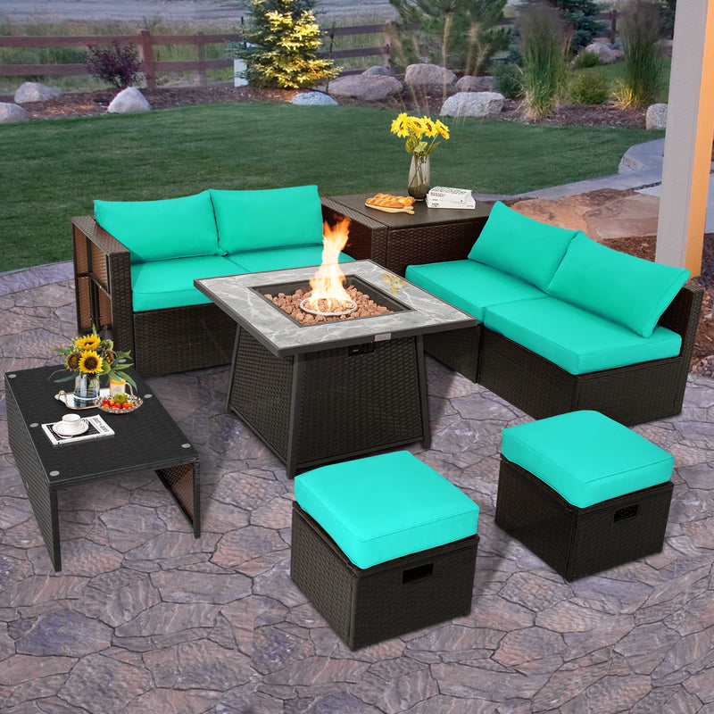 *9 Pieces Patio PE Wicker Sectional Set with 50000 BTU Fire Pit Table - Turquoise
