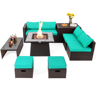 *9 Pieces Patio PE Wicker Sectional Set with 50000 BTU Fire Pit Table - Turquoise
