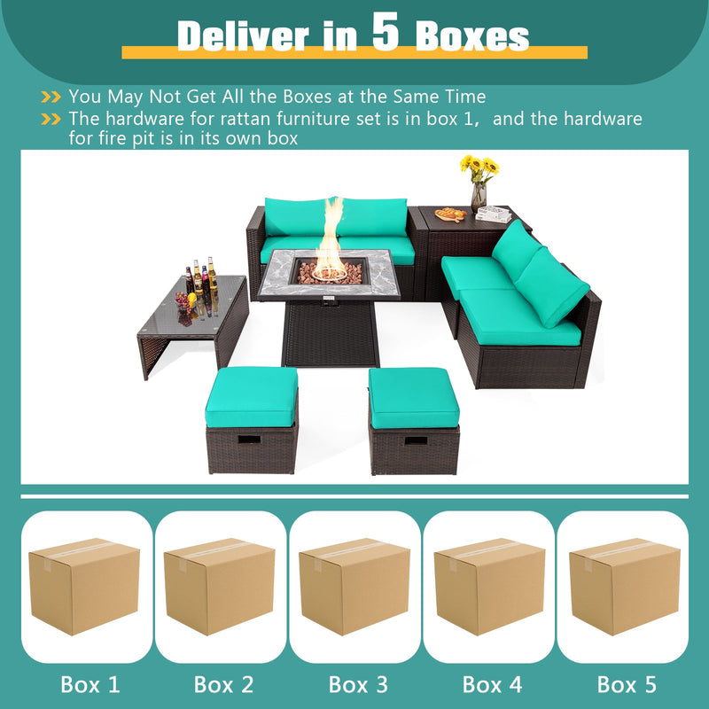 *9 Pieces Patio PE Wicker Sectional Set with 50000 BTU Fire Pit Table - Turquoise