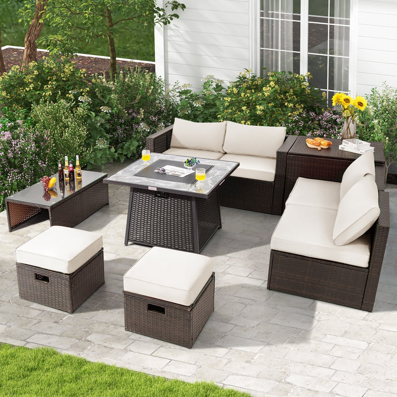 *9 Pieces Patio PE Wicker Sectional Set with 50000 BTU Fire Pit Table - Off White