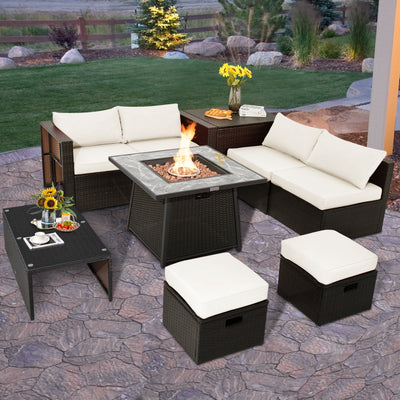 *9 Pieces Patio PE Wicker Sectional Set with 50000 BTU Fire Pit Table - Off White