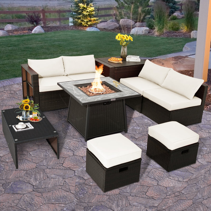 *9 Pieces Patio PE Wicker Sectional Set with 50000 BTU Fire Pit Table - Off White