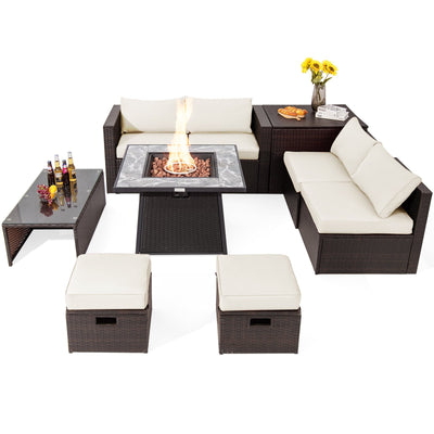 *9 Pieces Patio PE Wicker Sectional Set with 50000 BTU Fire Pit Table - Off White