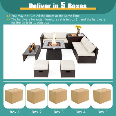 *9 Pieces Patio PE Wicker Sectional Set with 50000 BTU Fire Pit Table - Off White