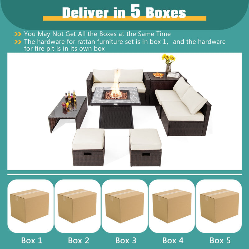 *9 Pieces Patio PE Wicker Sectional Set with 50000 BTU Fire Pit Table - Off White