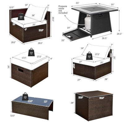 *9 Pieces Patio PE Wicker Sectional Set with 50000 BTU Fire Pit Table - Off White